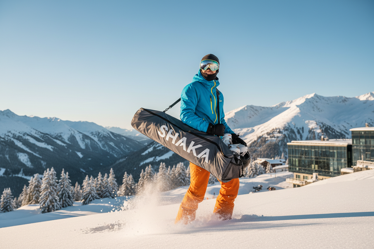Skier holding a SHAKA ski and snowboard travel bag on a mountain